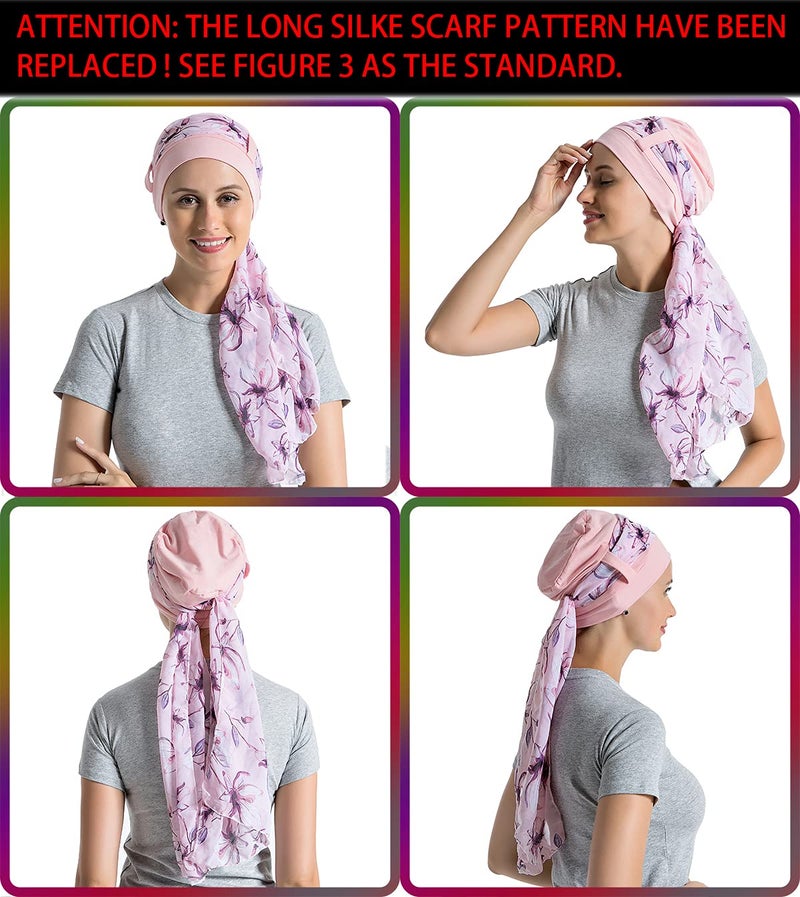 JarseHera Bamboo Cotton Liner Chemo Headwear for Womenwith Silky Scarfs for Cancer Hair Loss Sleep Caps Beanie Pink - Image 4
